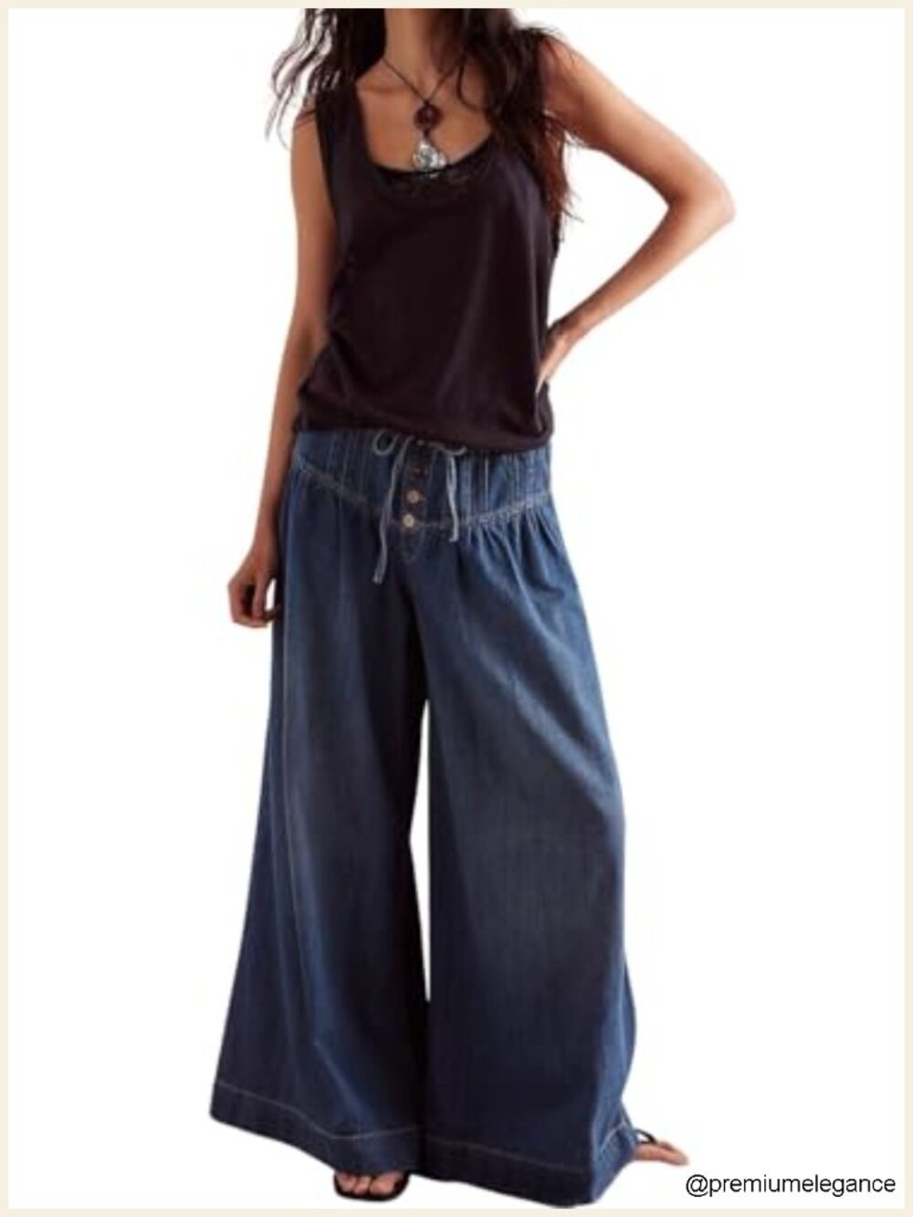 Y2K Pleated Baggy Jeans Wide Leg Denim Pants Elastic Waist Drawstring Palazzo